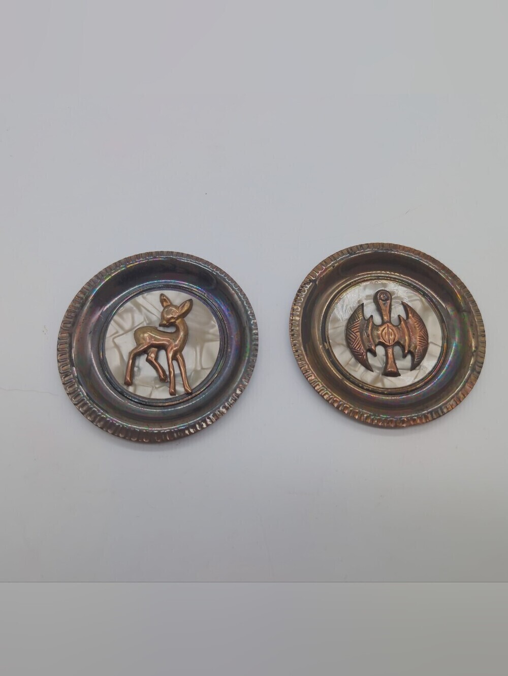 Vintage Mid Century Modern Mother of Pearl & Copper Miniature Wall Plaques - Set